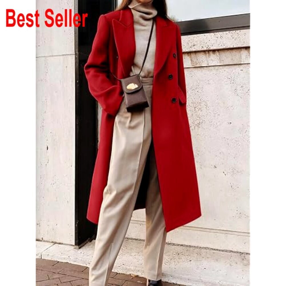 Long Wool Trench Coat Double Breasted Peacoat Classic Elegant Fall Winter - Picture 4 of 4